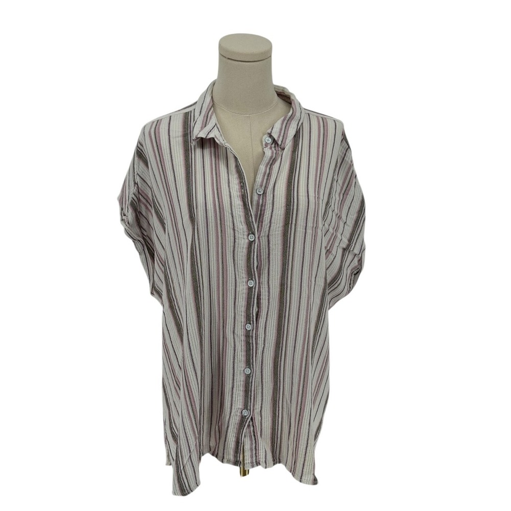 Sonoma White Short Sleeve Button Up Shirt w/ Purple & Gray Stripes (Size XXL)